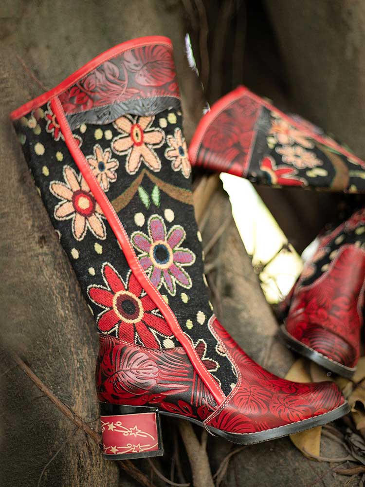 Bohemian Leather Block Heel Long Boots - - Boots