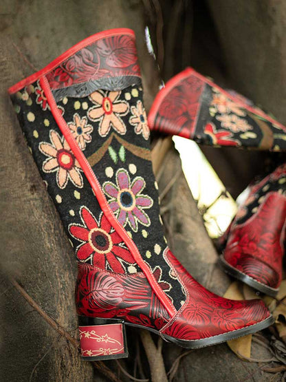 Bohemian Leather Block Heel Long Boots - - Boots