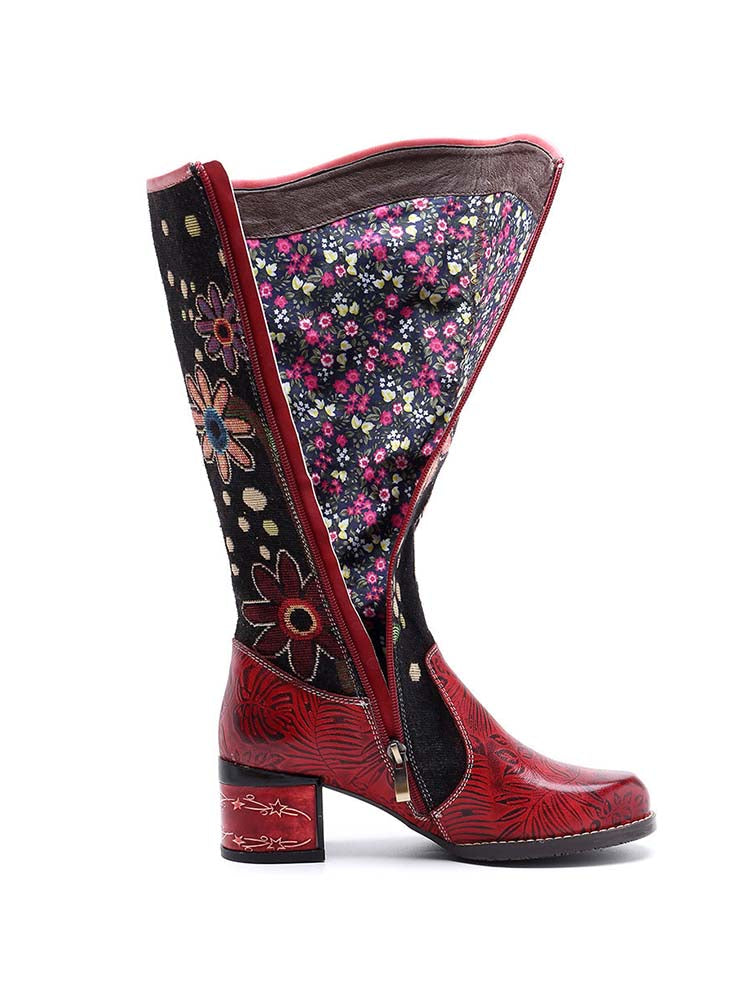Bohemian Leather Block Heel Long Boots - - Boots