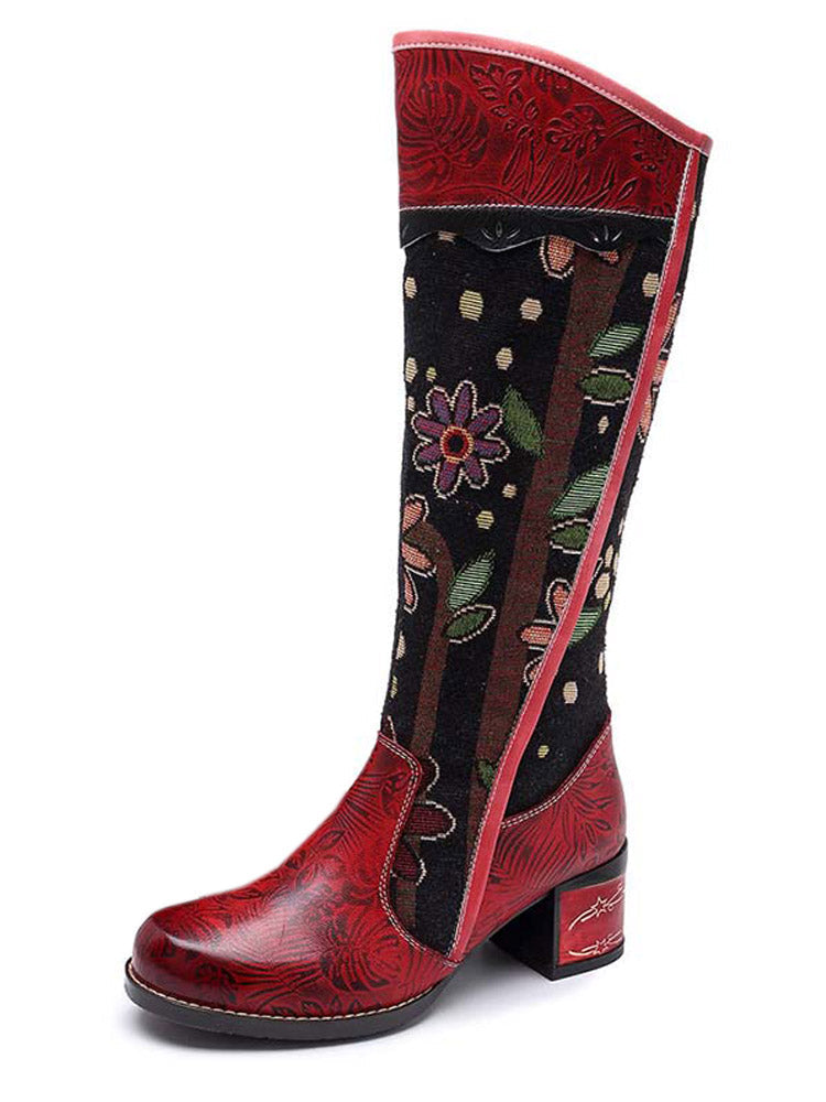 Bohemian Leather Block Heel Long Boots - - Boots