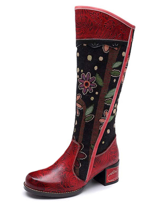 Bohemian Leather Block Heel Long Boots - - Boots