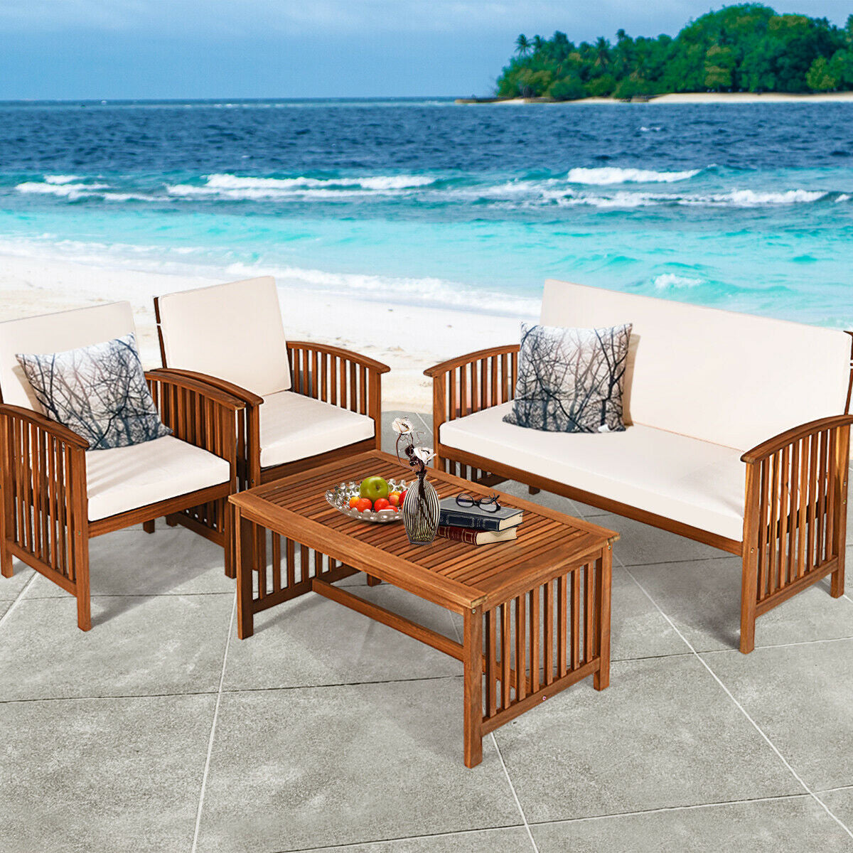 4 Pieces Patio Solid Wood Furniture Set- DirectDeals- {{Product type}}