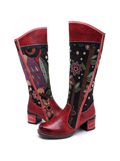 Bohemian Leather Block Heel Long Boots - - Boots