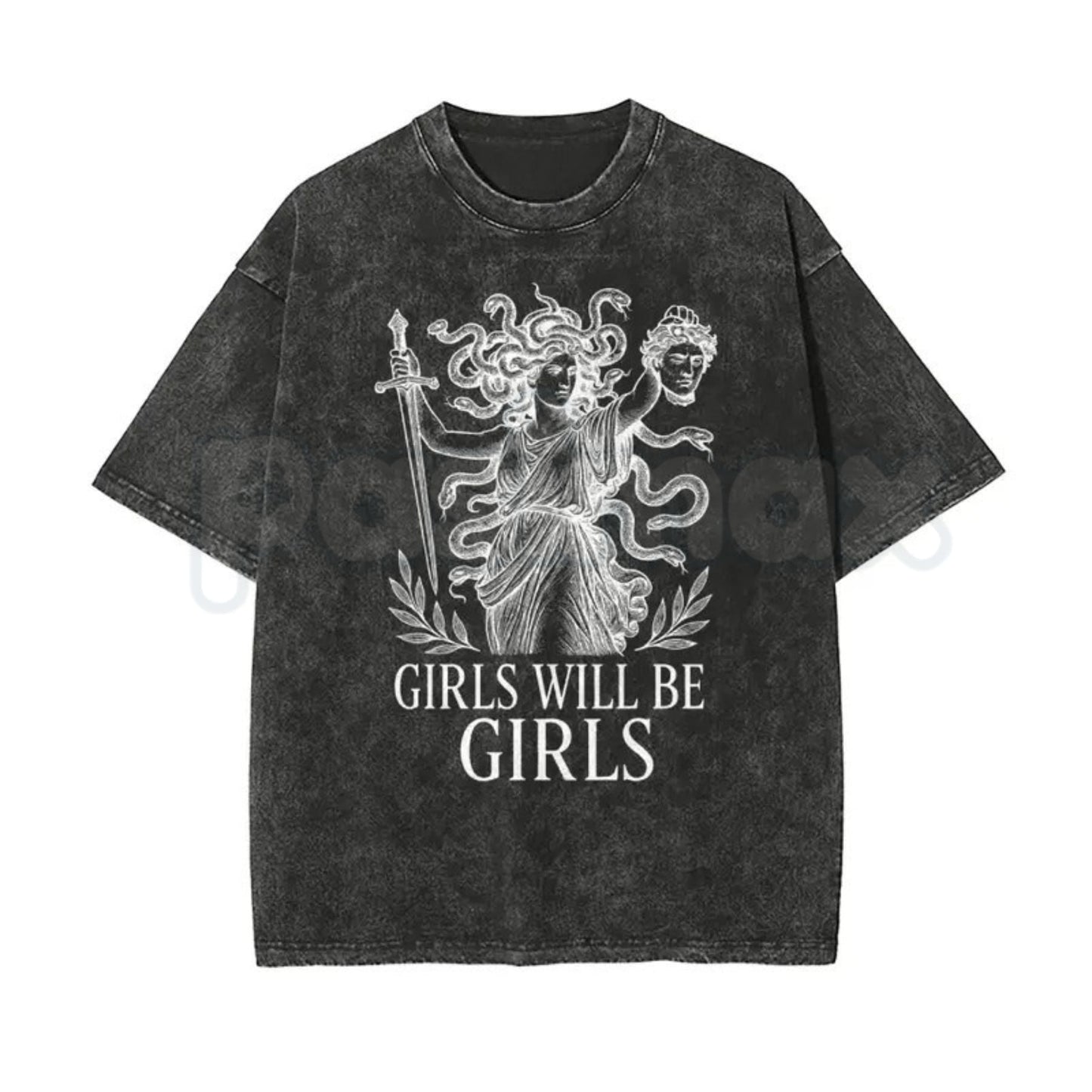 Girls Will Be Girls Medusa T-Shirt – Oversize Unisex Washed Graphic Tee, Lightweight Retro Greek Mythology Streetwear- Pasimax- {{Product type}}