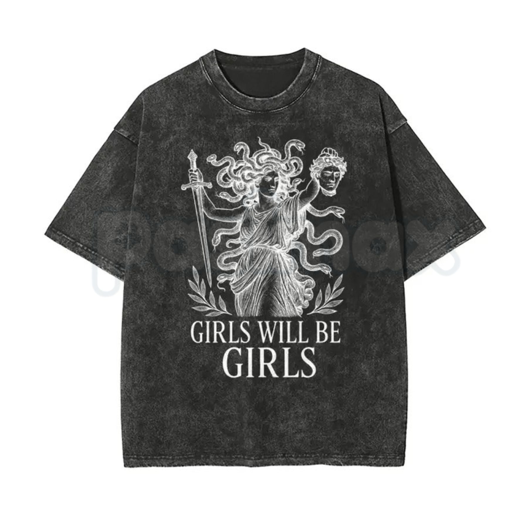 Girls Will Be Girls Medusa T-Shirt – Oversize Unisex Washed Graphic Tee, Lightweight Retro Greek Mythology Streetwear- Pasimax- {{Product type}}