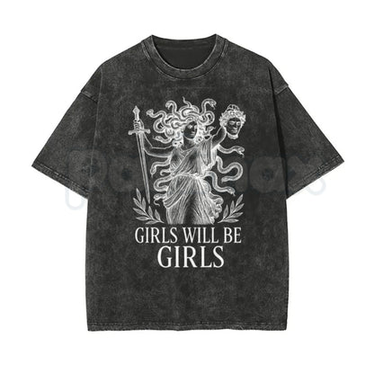 Girls Will Be Girls Medusa T-Shirt – Oversize Unisex Washed Graphic Tee, Lightweight Retro Greek Mythology Streetwear- Pasimax- {{Product type}}