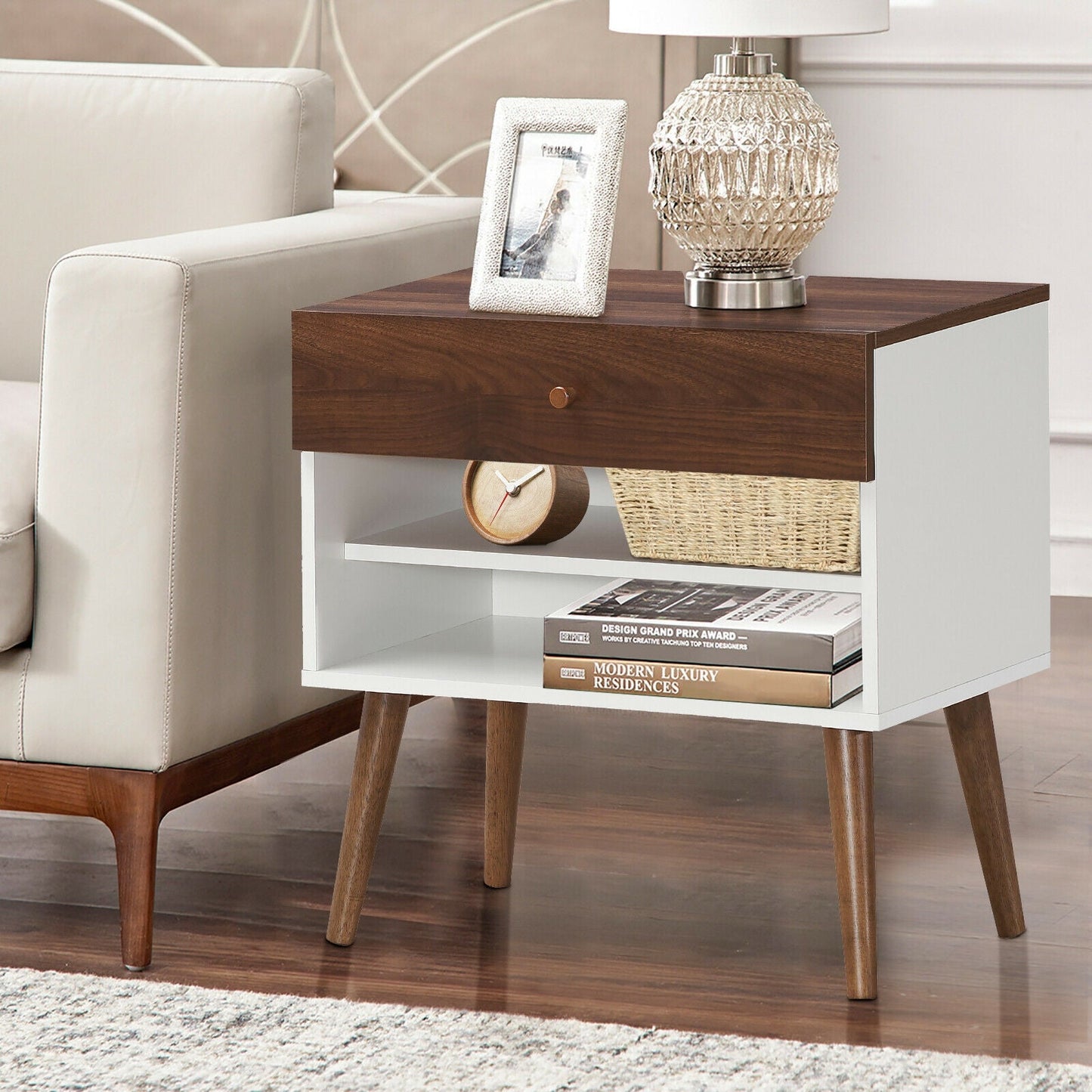 Mid-Century Nightstand with Drawer and Rubber Wood Legs- DirectDeals- {{Product type}}