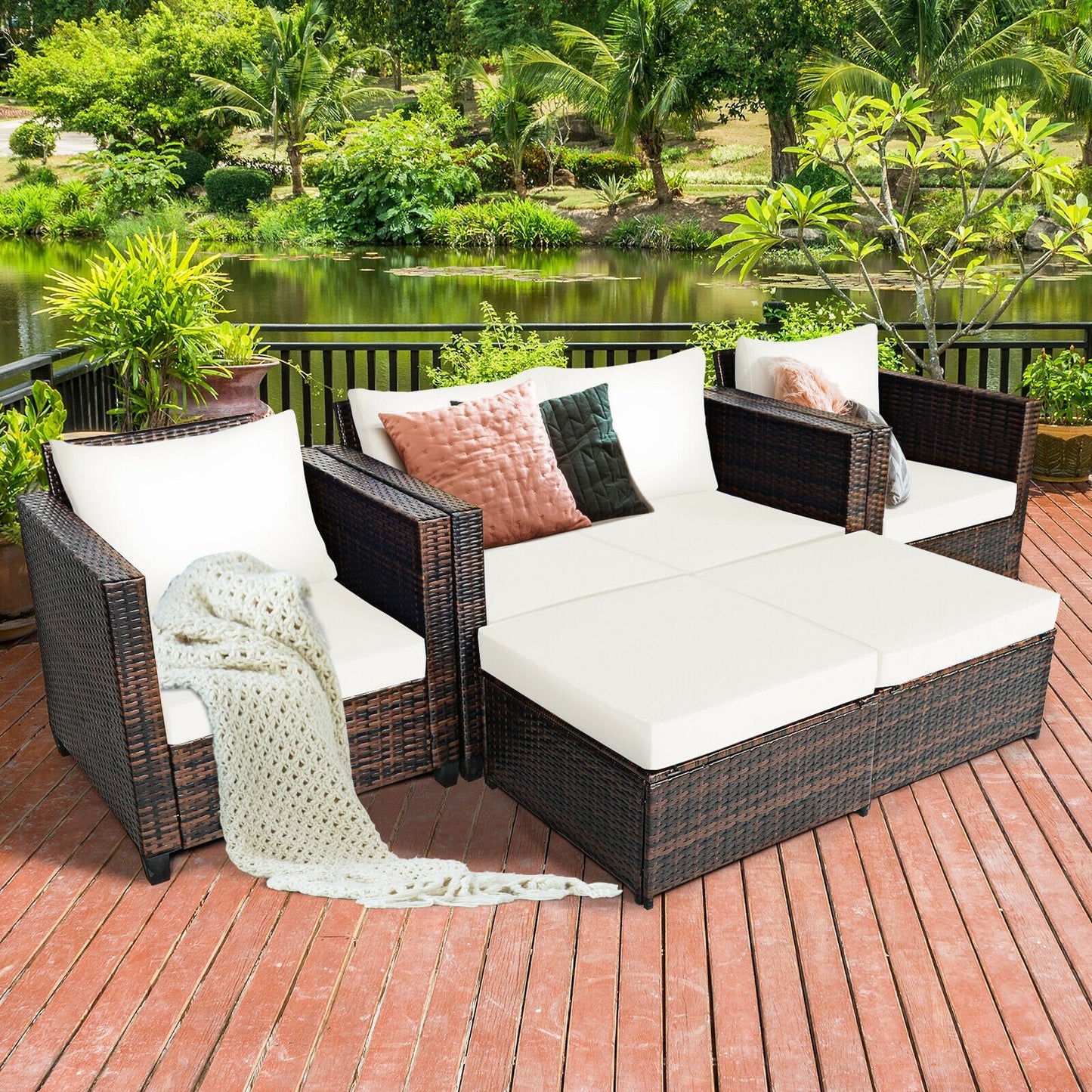 5 Pieces Patio Cushioned Rattan Furniture Set- DirectDeals- {{Product type}}
