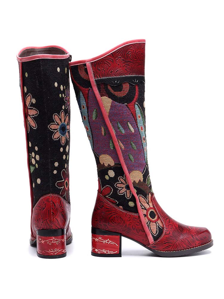Bohemian Leather Block Heel Long Boots - - Boots