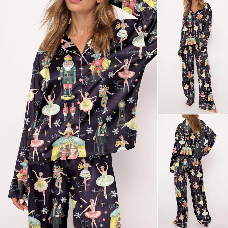 Nutcracker Ballet Christmas Satin Pajama Set For Women Print Comfy Satin Sleepwear & Loungewear Pjs Printing Silky Top & Bottoms - Long Black -