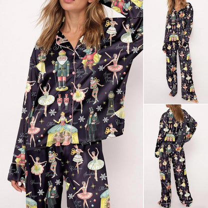 Nutcracker Ballet Christmas Satin Pajama Set For Women Print Comfy Satin Sleepwear & Loungewear Pjs Printing Silky Top & Bottoms - Long Black -