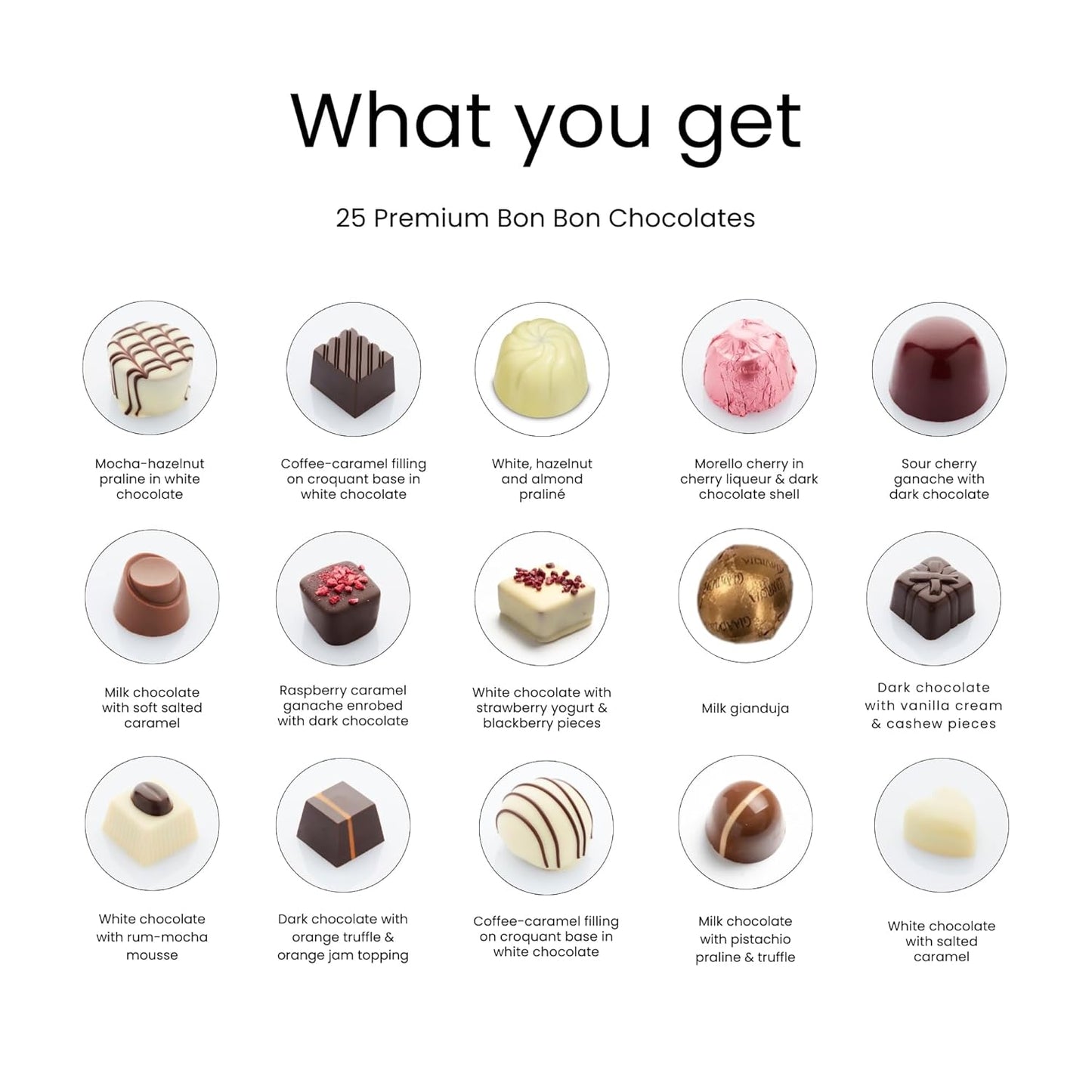 Andy Anand Premium Bon Bon Chocolate Collection, 25 pc – Truffles, Pralines, Pistachio Cream, Mint & Tiramisu, Birthday & Holiday Gift Box - - Food & Beverages > Desserts & Sweets > Chocolate