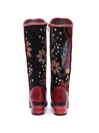 Bohemian Leather Block Heel Long Boots - - Boots