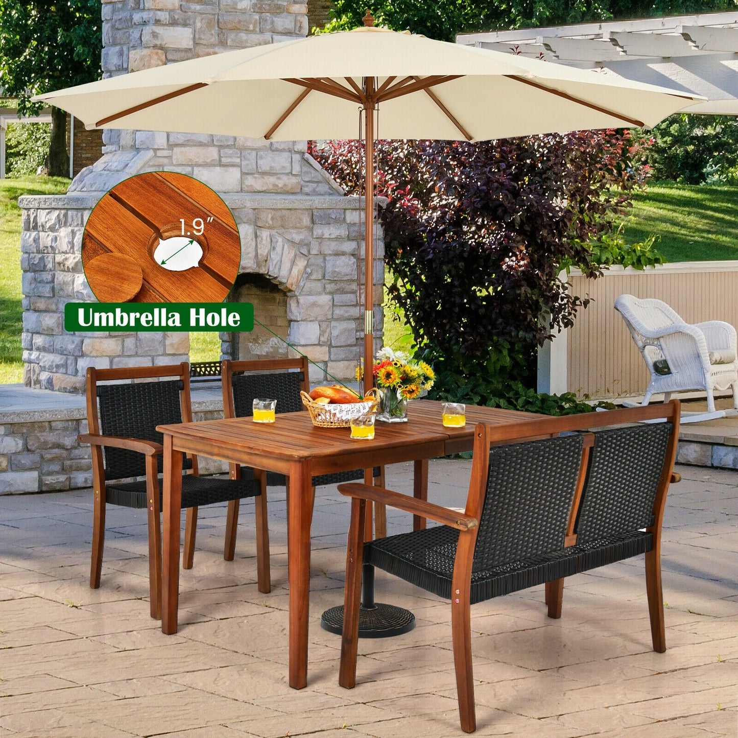 4 Pieces Acacia Wood Patio Rattan Dining Furniture Set- DirectDeals- {{Product type}}