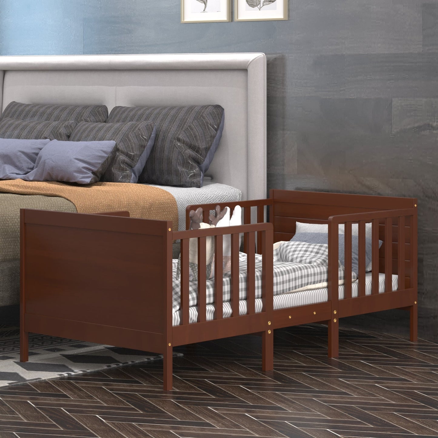 2-in-1 Convertible Kids Wooden Bedroom Furniture with Guardrails- DirectDeals- {{Product type}}