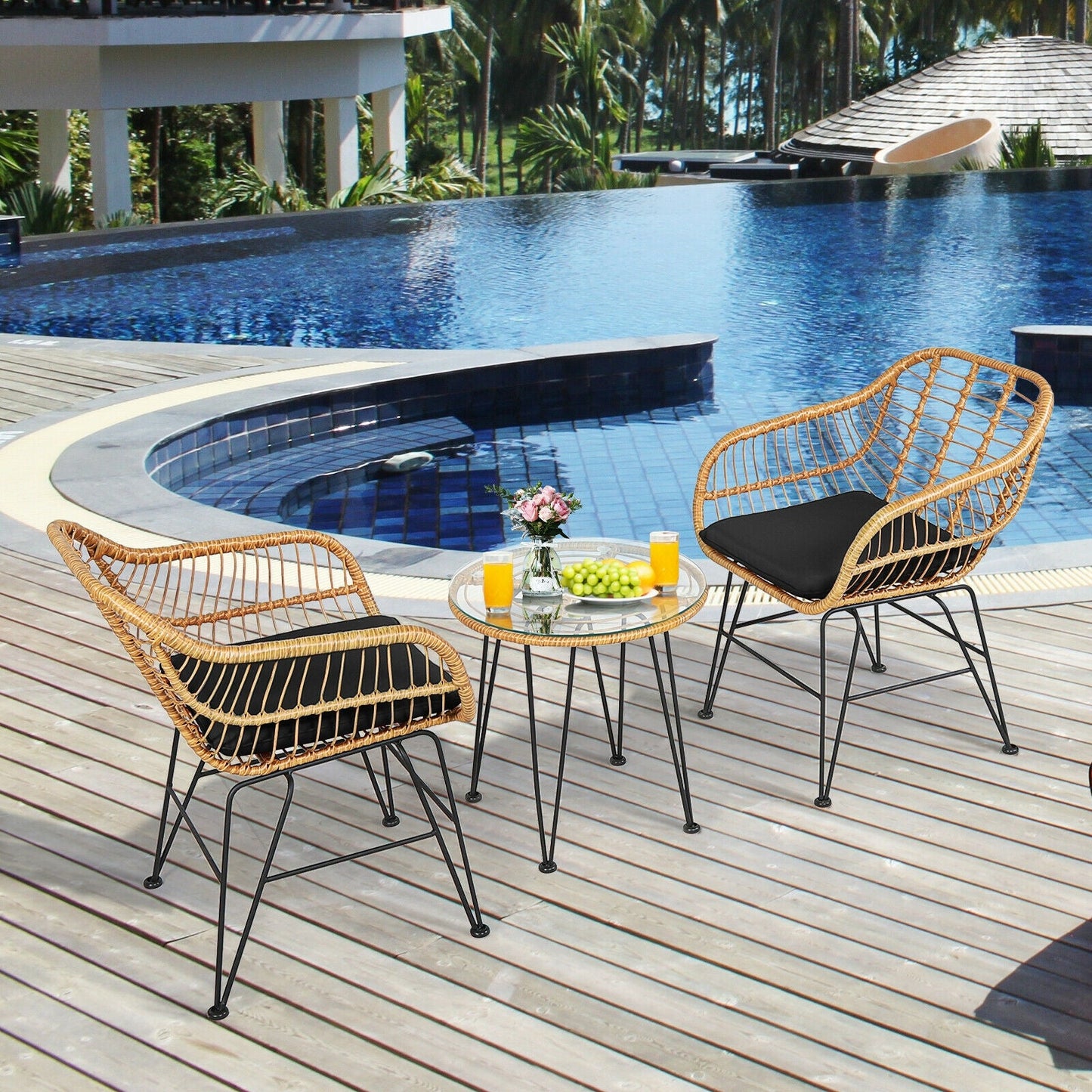 3 Pieces Rattan Furniture Set with Cushioned Chair Table- DirectDeals- {{Product type}}