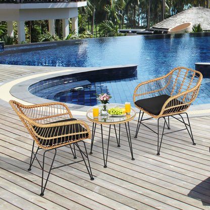 3 Pieces Rattan Furniture Set with Cushioned Chair Table- DirectDeals- {{Product type}}