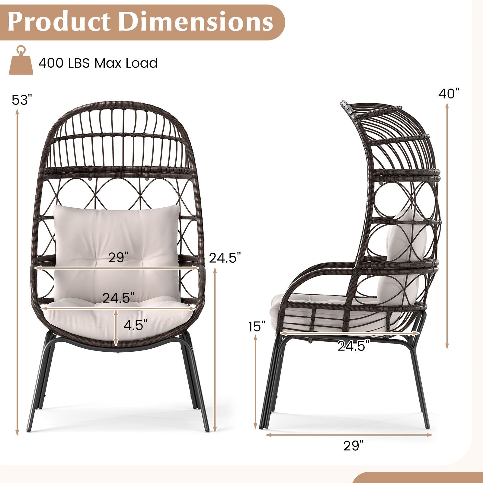 Patio Wicker Egg Chair Outdoor Rattan Lounge Basket with Seat and Back Cushions-Brown - -