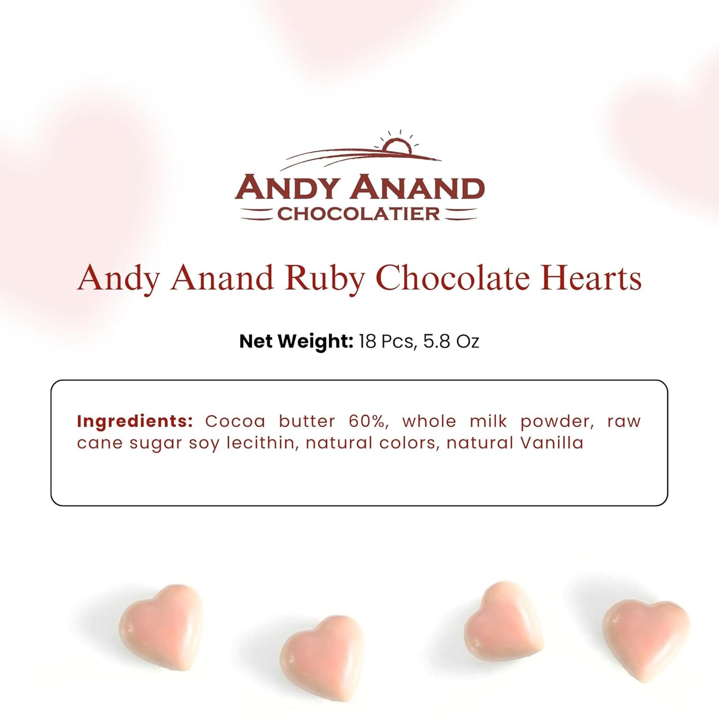 Andy Anand Ruby Chocolate Heart Truffles, 18 pc – Natural Berry-Pink Color, Fruity Flavor, Gluten-Free, Valentine's & Anniversary Gift - - Food & Beverages > Desserts & Sweets > Chocolate