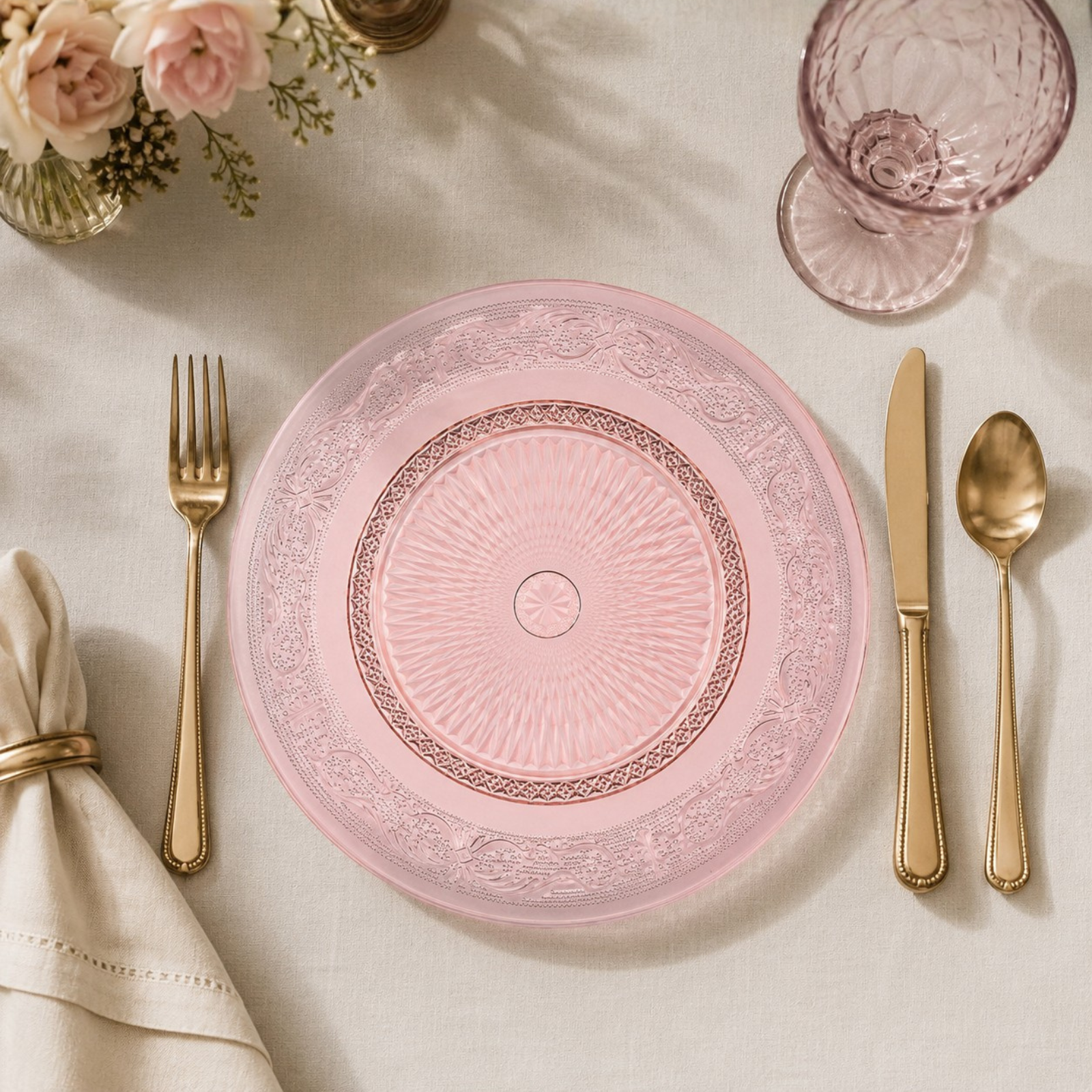 Blush Vintage Glass Plate, Set of 6 - - Plate