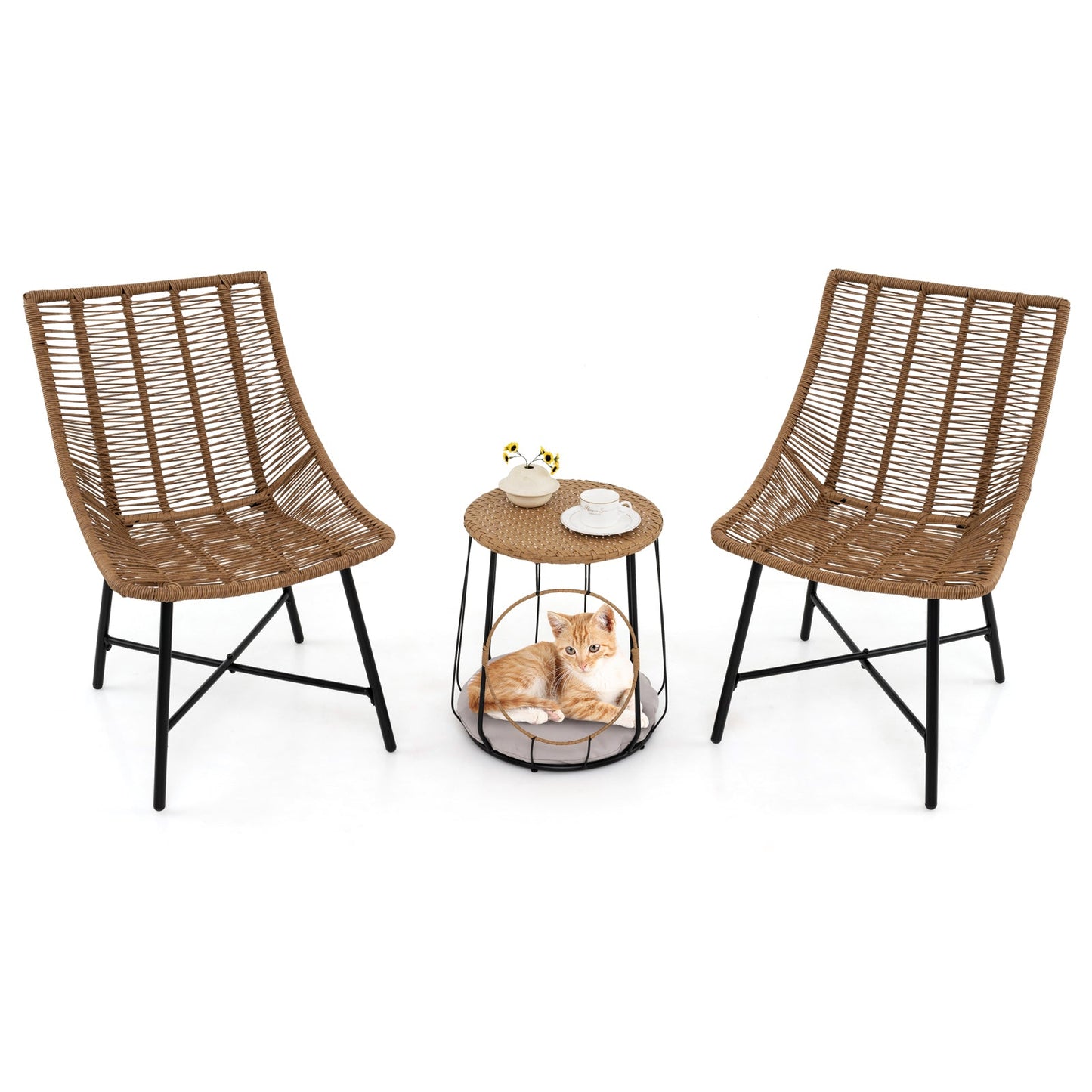 3 Piece Outdoor Furniture Set with Pet Housefor Patio Yard-Brown- DirectDeals- {{Product type}}