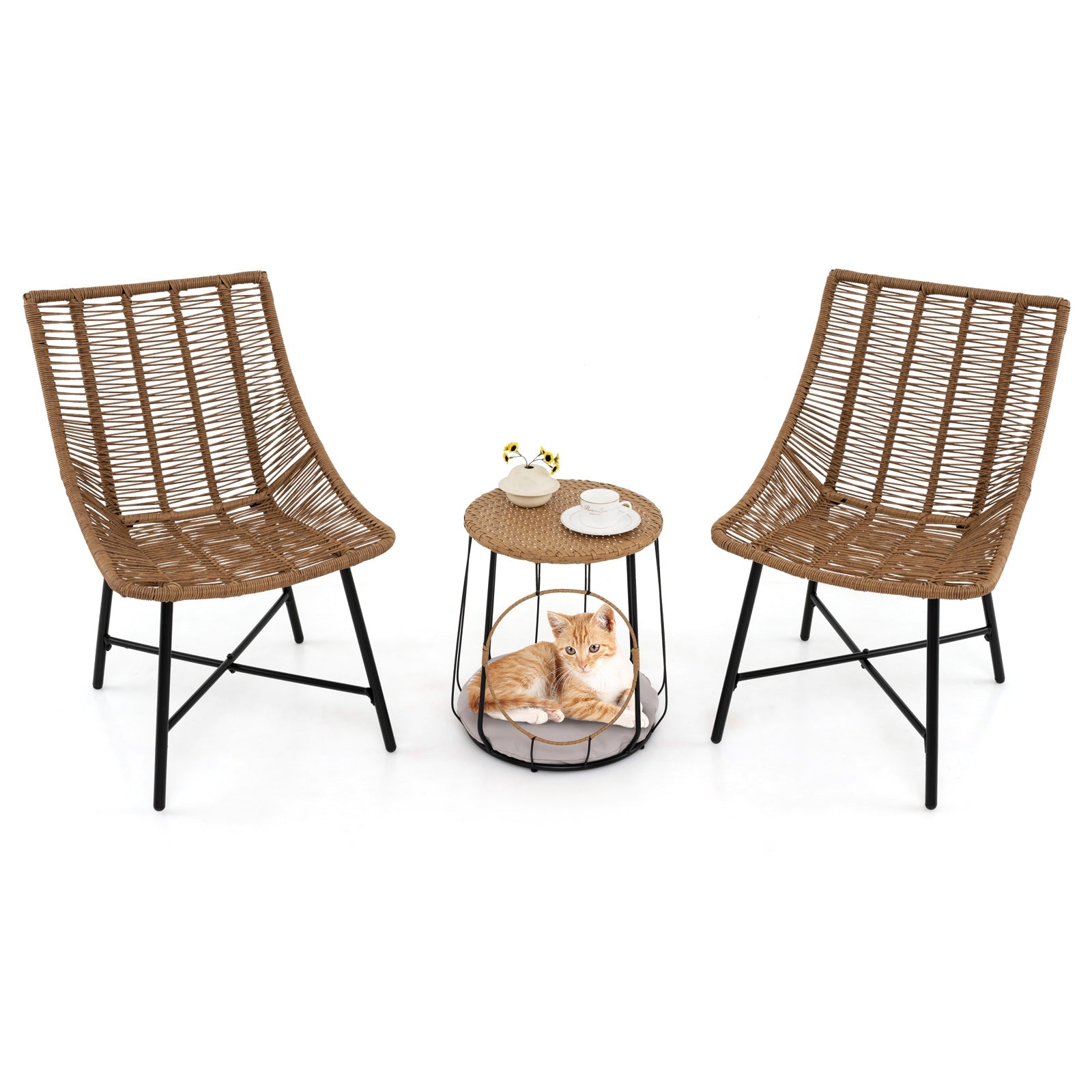 3 Piece Outdoor Furniture Set with Pet Housefor Patio Yard-Brown- DirectDeals- {{Product type}}