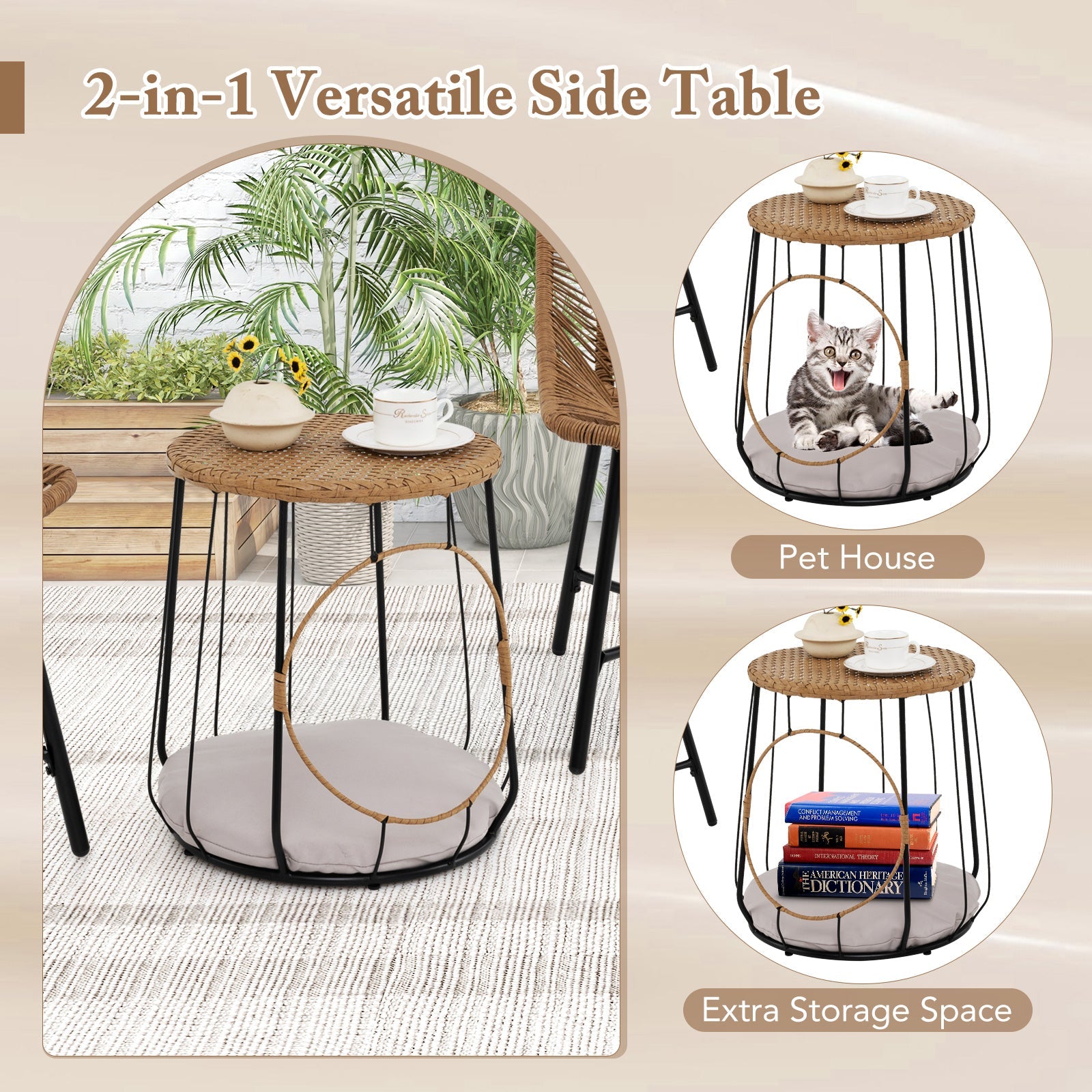 3 Piece Outdoor Furniture Set with Pet Housefor Patio Yard-Brown- DirectDeals- {{Product type}}