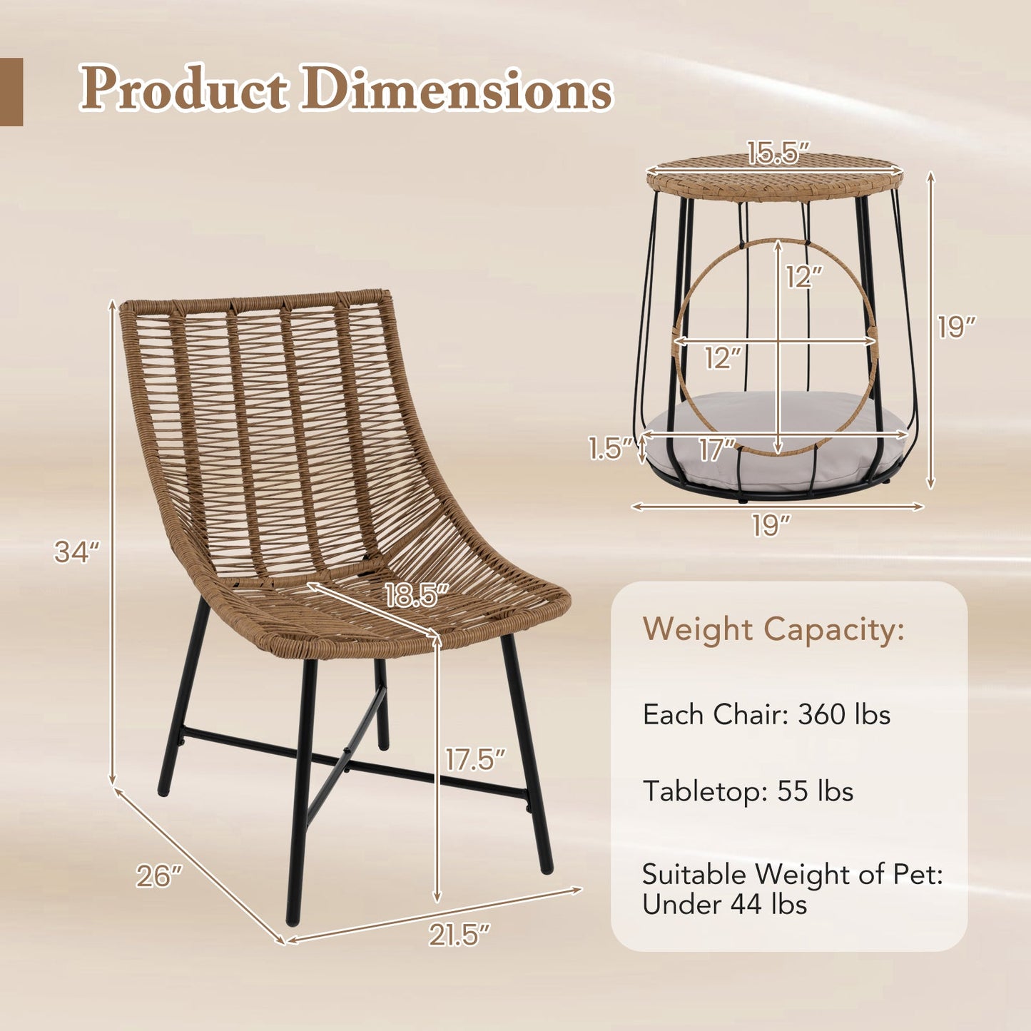 3 Piece Outdoor Furniture Set with Pet Housefor Patio Yard-Brown- DirectDeals- {{Product type}}