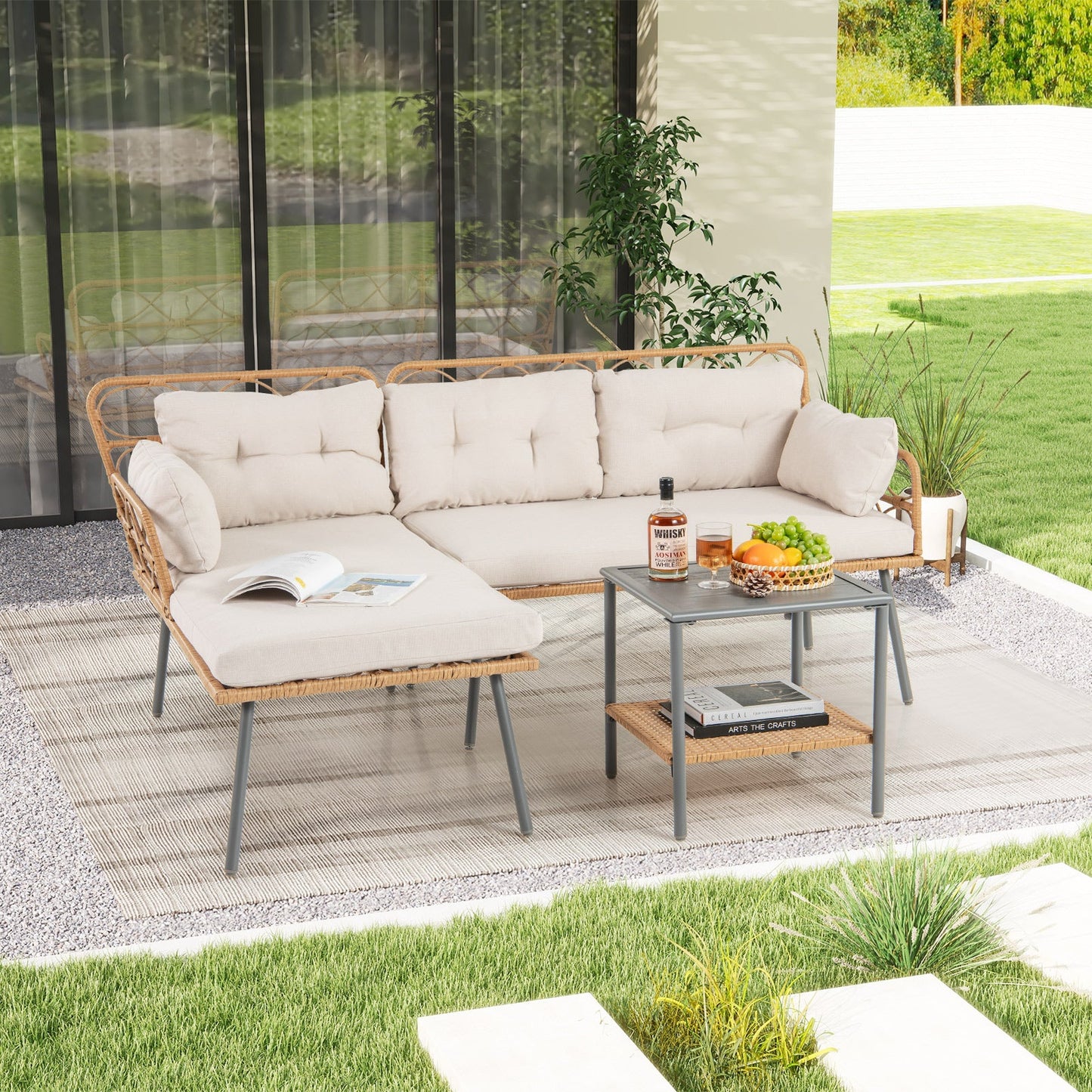 3 Pieces Corner Patio Furniture with Small Coffee Table-Beige- DirectDeals- {{Product type}}