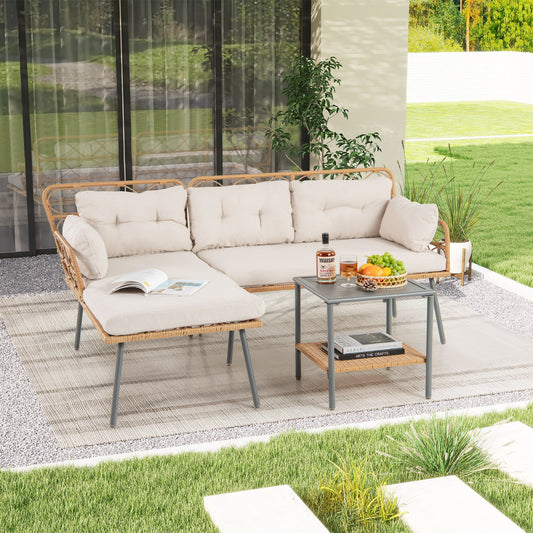 3 Pieces Corner Patio Furniture with Small Coffee Table-Beige - - patio set