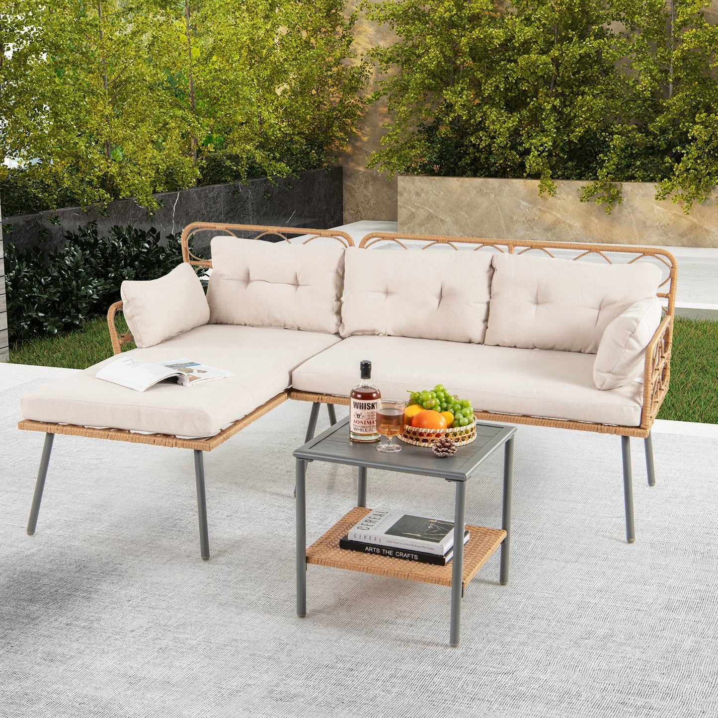 3 Pieces Corner Patio Furniture with Small Coffee Table-Beige- DirectDeals- {{Product type}}