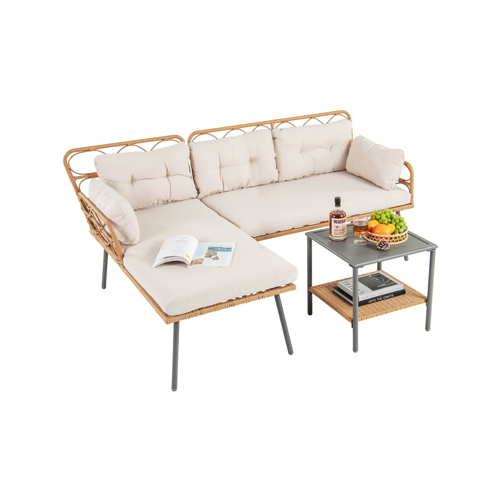 3 Pieces Corner Patio Furniture with Small Coffee Table-Beige- DirectDeals- {{Product type}}
