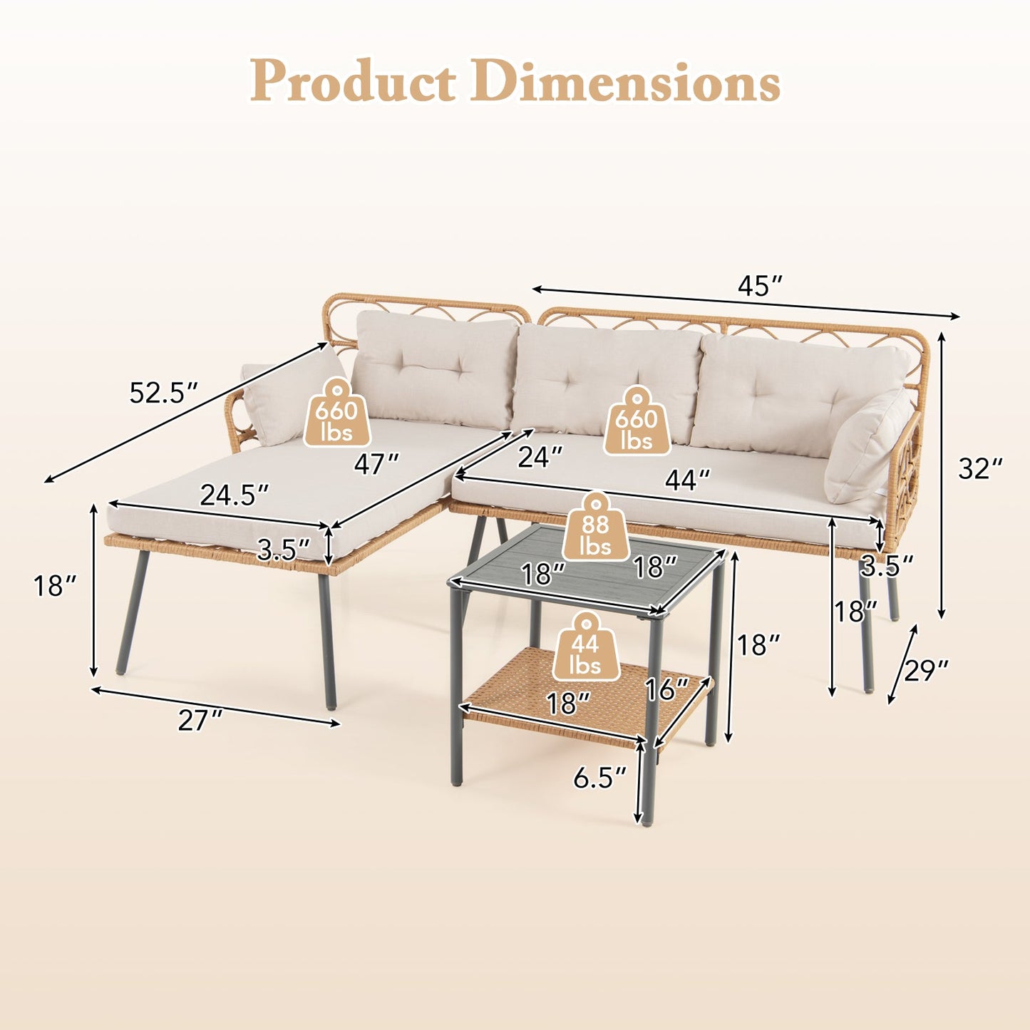 3 Pieces Corner Patio Furniture with Small Coffee Table-Beige- DirectDeals- {{Product type}}