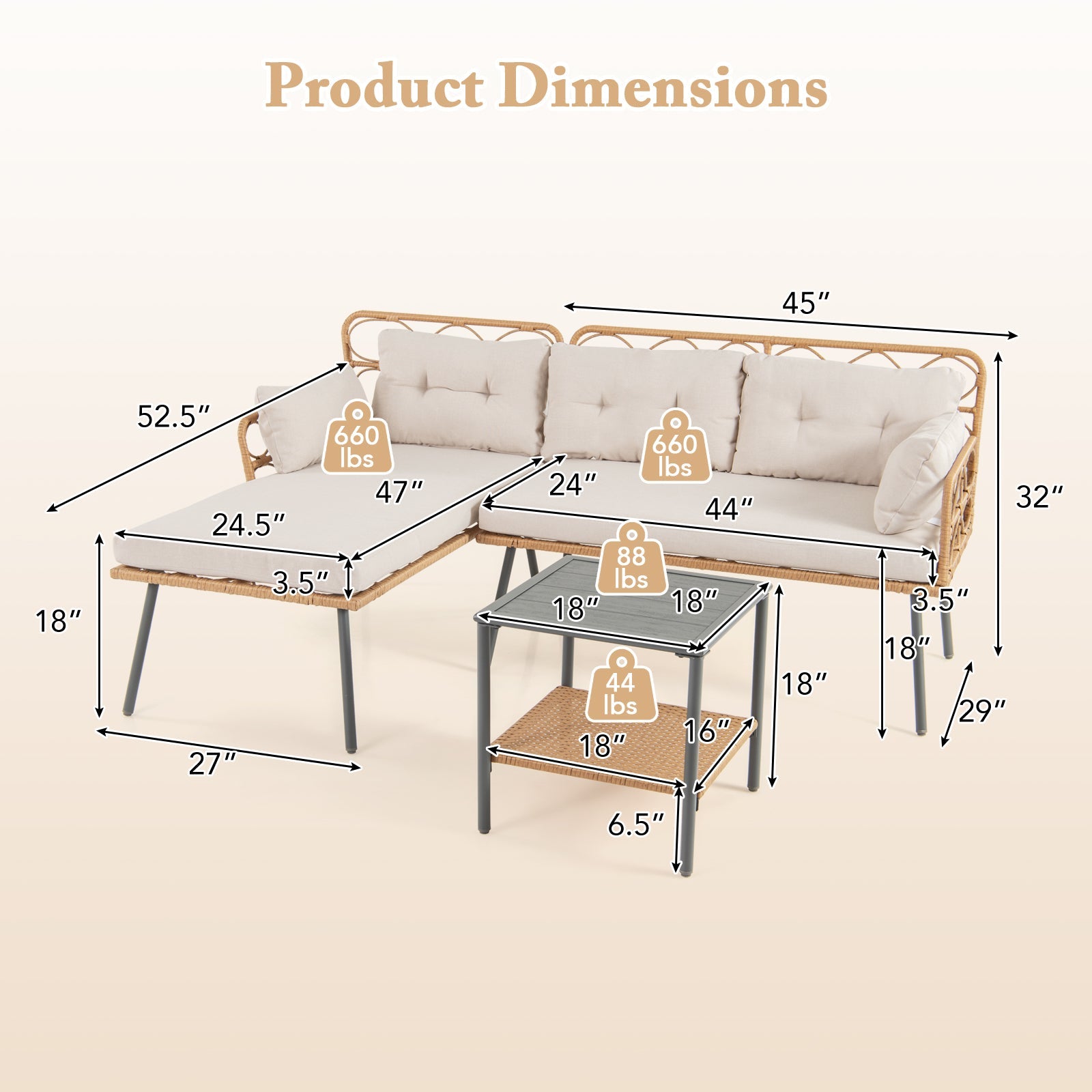 3 Pieces Corner Patio Furniture with Small Coffee Table-Beige- DirectDeals- {{Product type}}