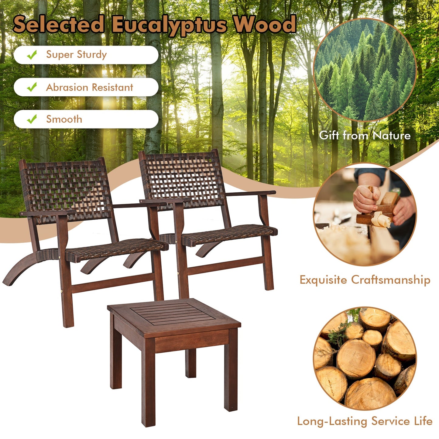 3 Pieces Outdoor Wooden Patio Rattan Furniture Set- DirectDeals- {{Product type}}