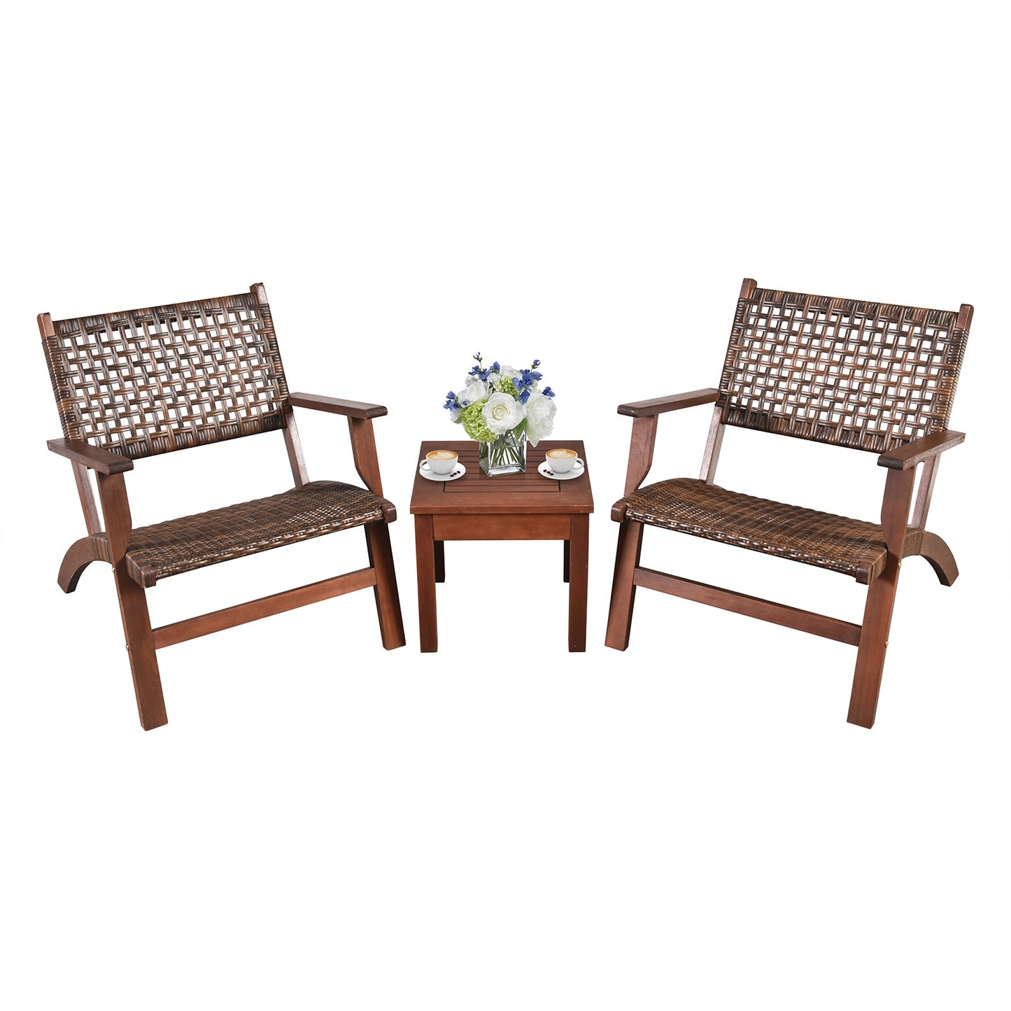 3 Pieces Outdoor Wooden Patio Rattan Furniture Set- DirectDeals- {{Product type}}