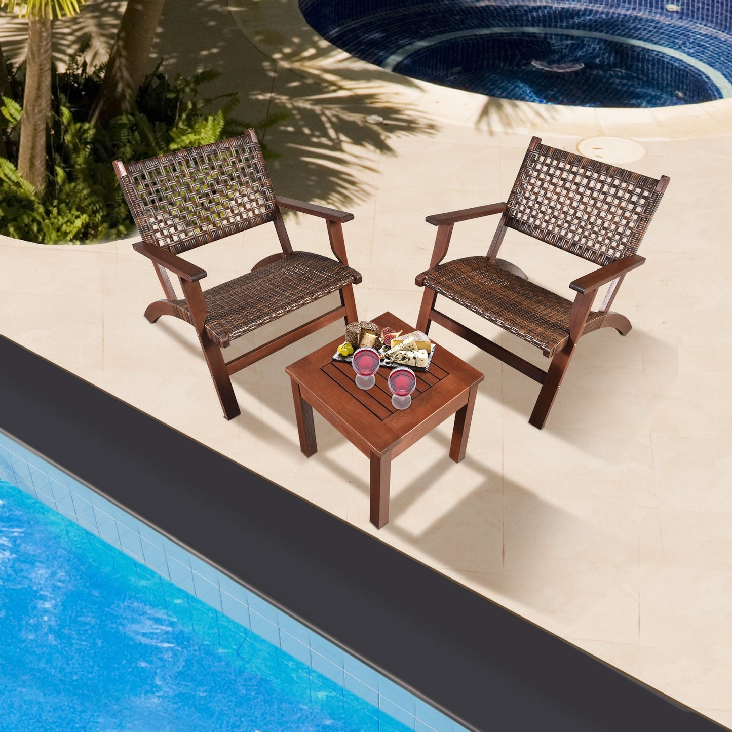 3 Pieces Outdoor Wooden Patio Rattan Furniture Set- DirectDeals- {{Product type}}