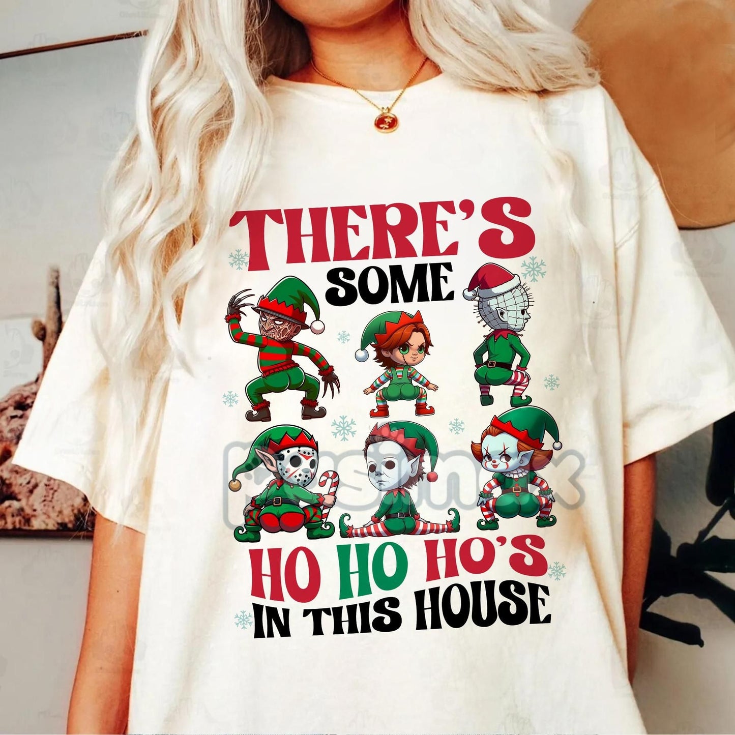 Merry Creepmas T-Shirt - Christmas Halloween Movies Characters Tee, Chibi Movie Characters Shirt - Natural 2 - T-Shirt