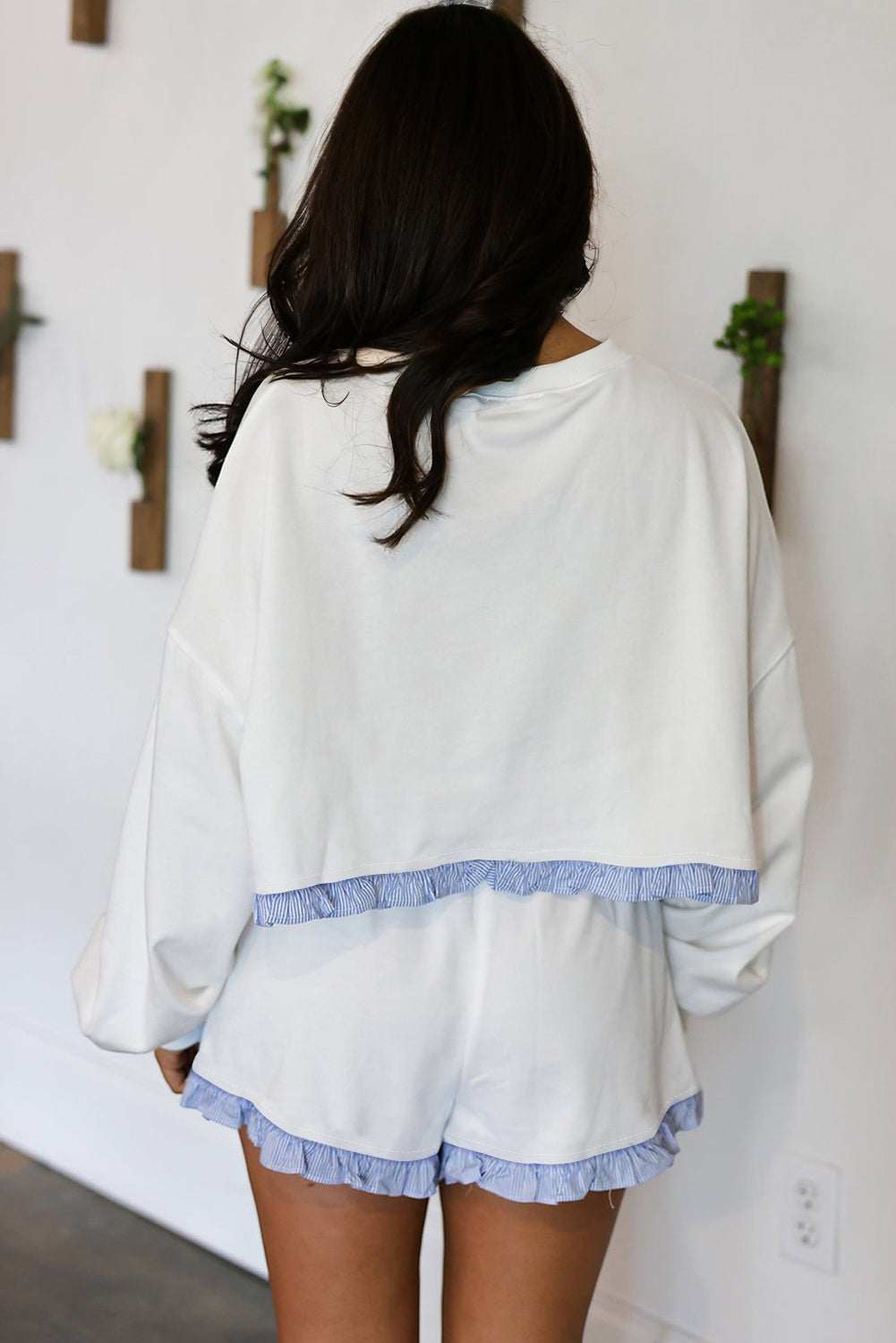 Yellow Cream Plaid Ruffled Patchwork Drop Shoulder Pullover and Drawstring Elastic Waist Shorts Matching Set- Wild and Free Boutique- {{Product type}}