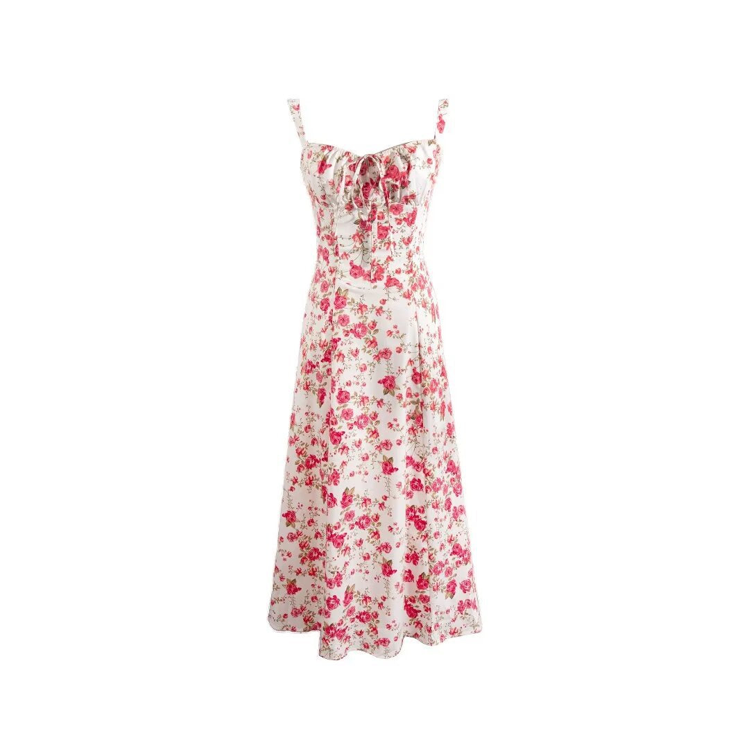 French Vintage Floral Strap Dress - - dress