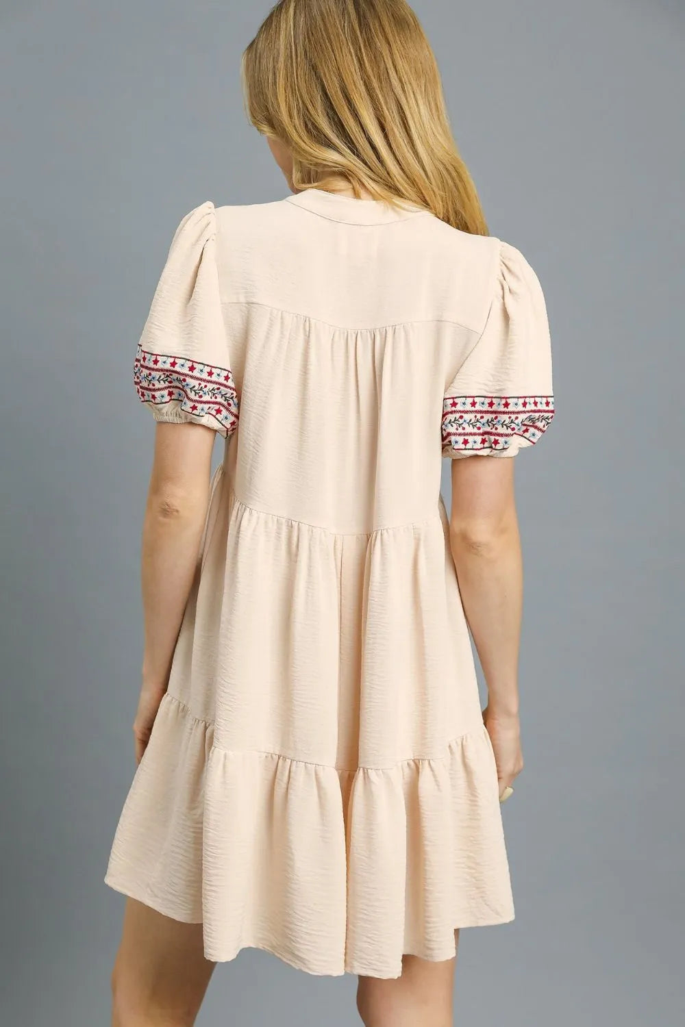 Umgee Floral Trim Puff Sleeve Mini Dress - -