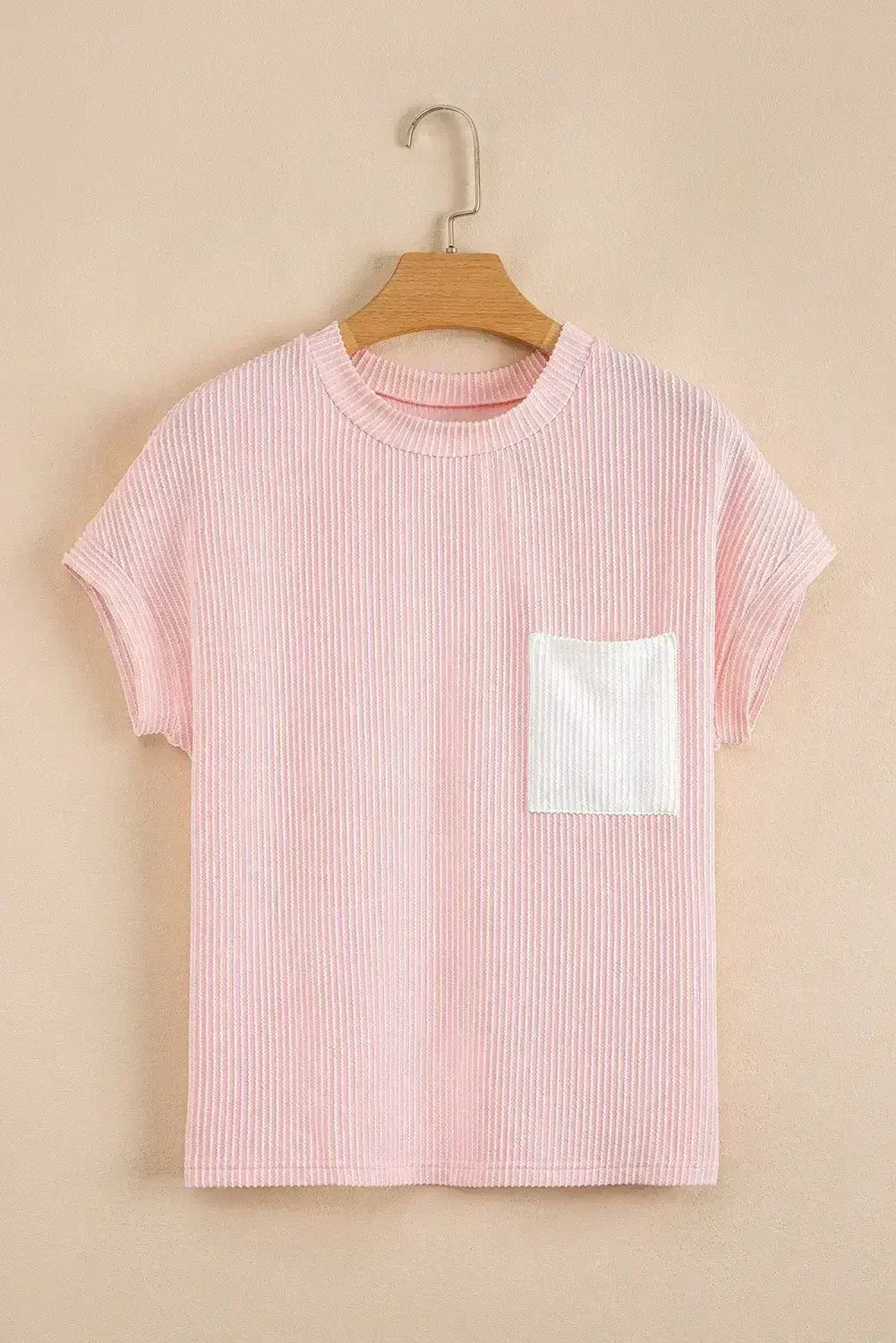 Pink Corded Colorblock Pocket Crew Neck T Shirt - - T Shirts
