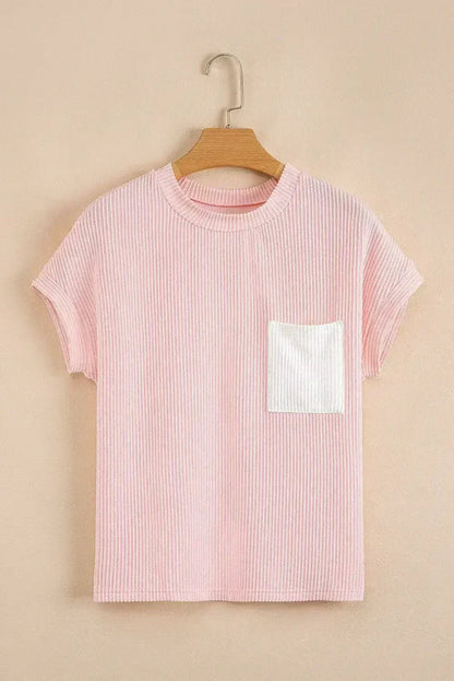 Pink Corded Colorblock Pocket Crew Neck T Shirt - - T Shirts