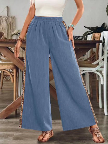Bohemian Wide Leg Embroidered Side Stripe Pants - Royal Blue -