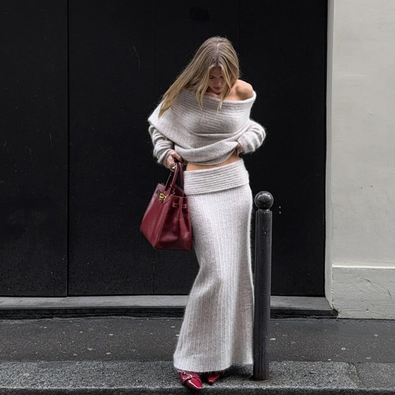 Trendy Off-Shoulder Top Loose Fit with Extra-Long Sleeves for Women - Apricot Skirt XS - Women's Fashion - Women's Clothing - Sweaters