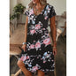 Leisure Style V-Neck Loose Digital Printed Short Sleeved Long  Knee Dress