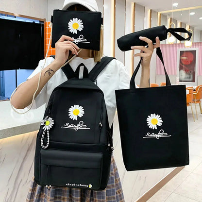 4pc Set Daisy Print Large Backpack Black