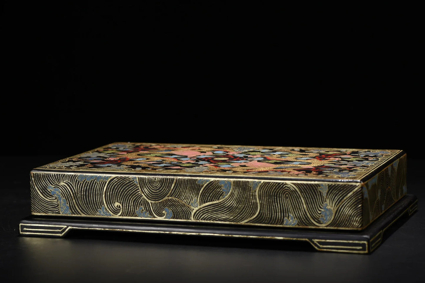 Old Wood Lacquer Wenfang Box – Gold-Outline Floral Dragon Storage - - Deccorative box