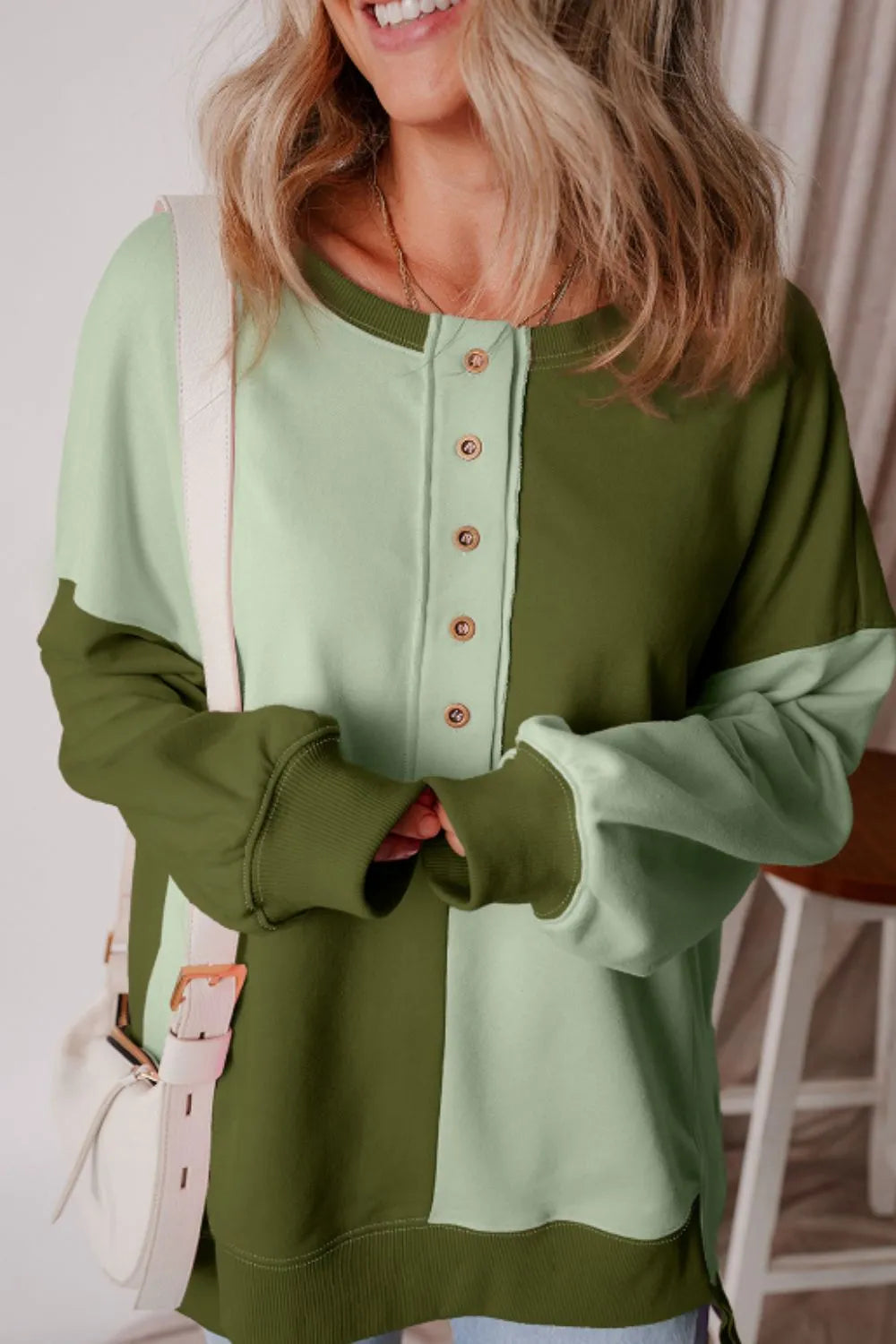 Color Block Half Button Long Sleeve Sweatshirt - -