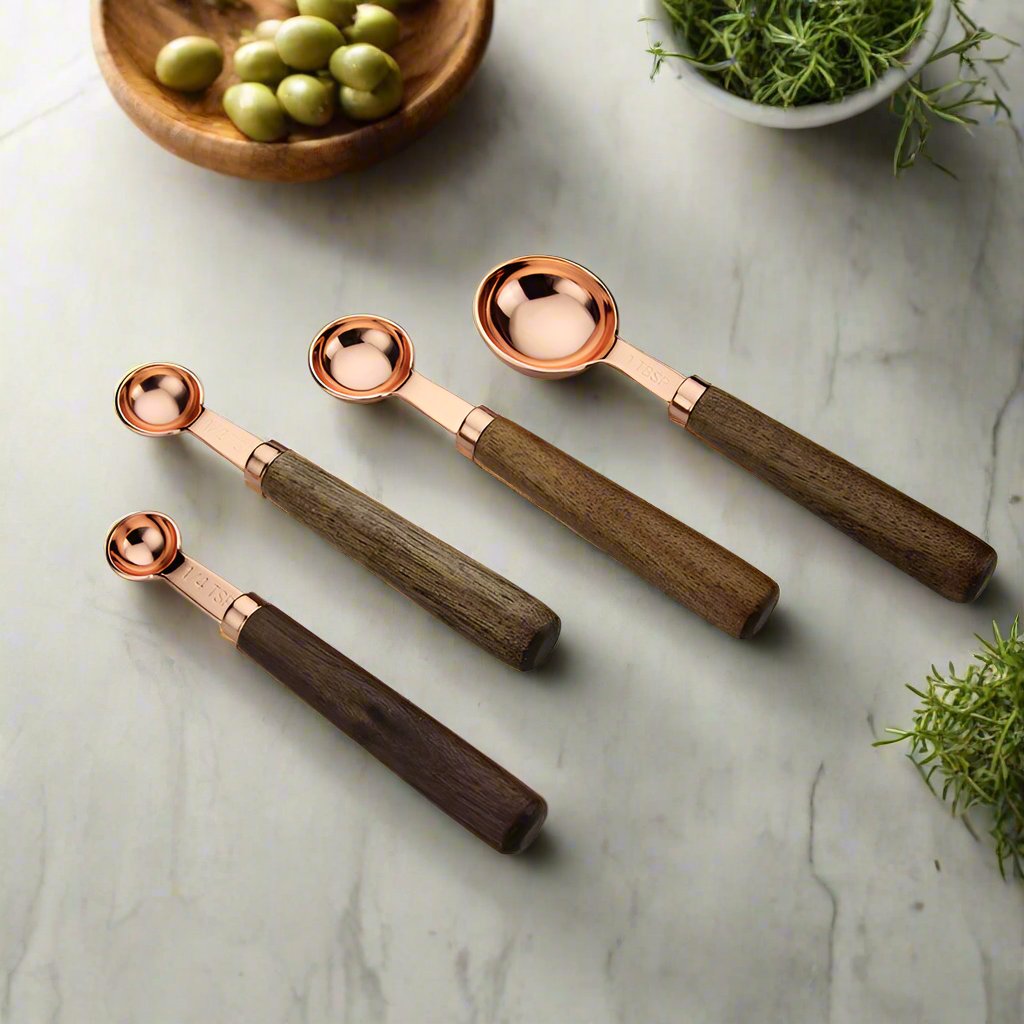 Measuring Set Rose Gold Wooden Handle Stainless Steel Measuring Cups and Spoons